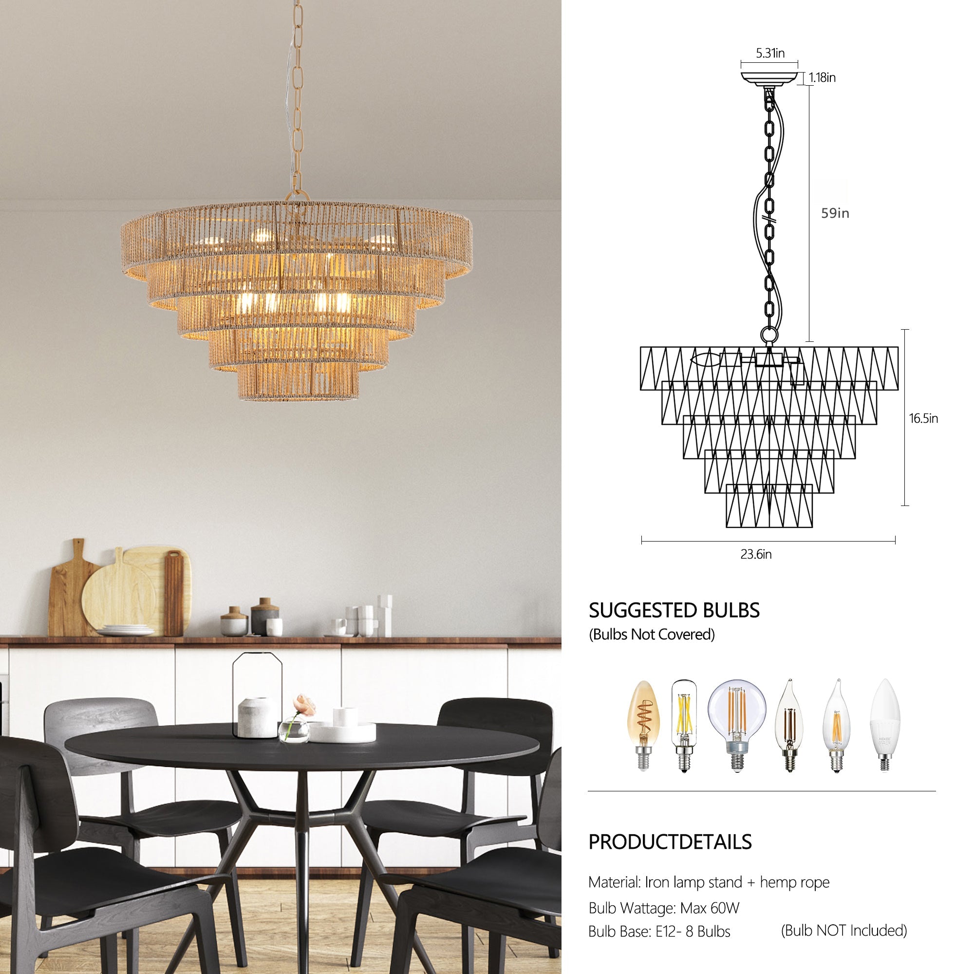 24" Woven Hemp Rope Chandelier -Boho Farmhouse Elegance