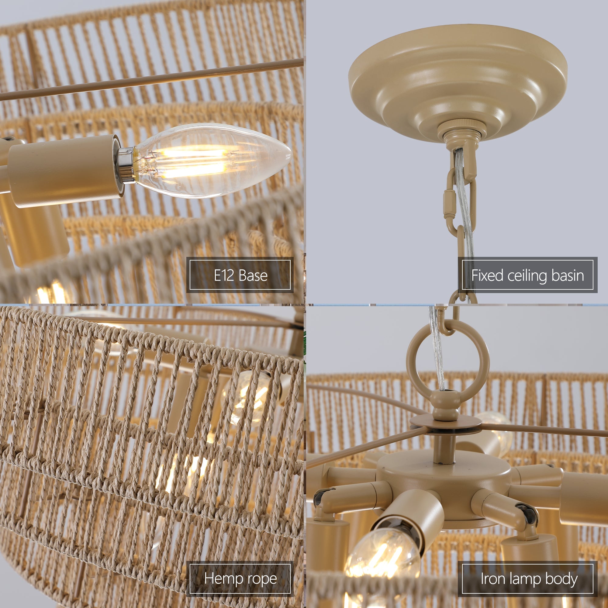 24" Woven Hemp Rope Chandelier -Boho Farmhouse Elegance
