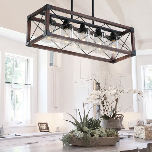 32" Walnut Industrial Farmhouse Rectangle Pendant Light, 5-Light Chandelier (No Bulbs)