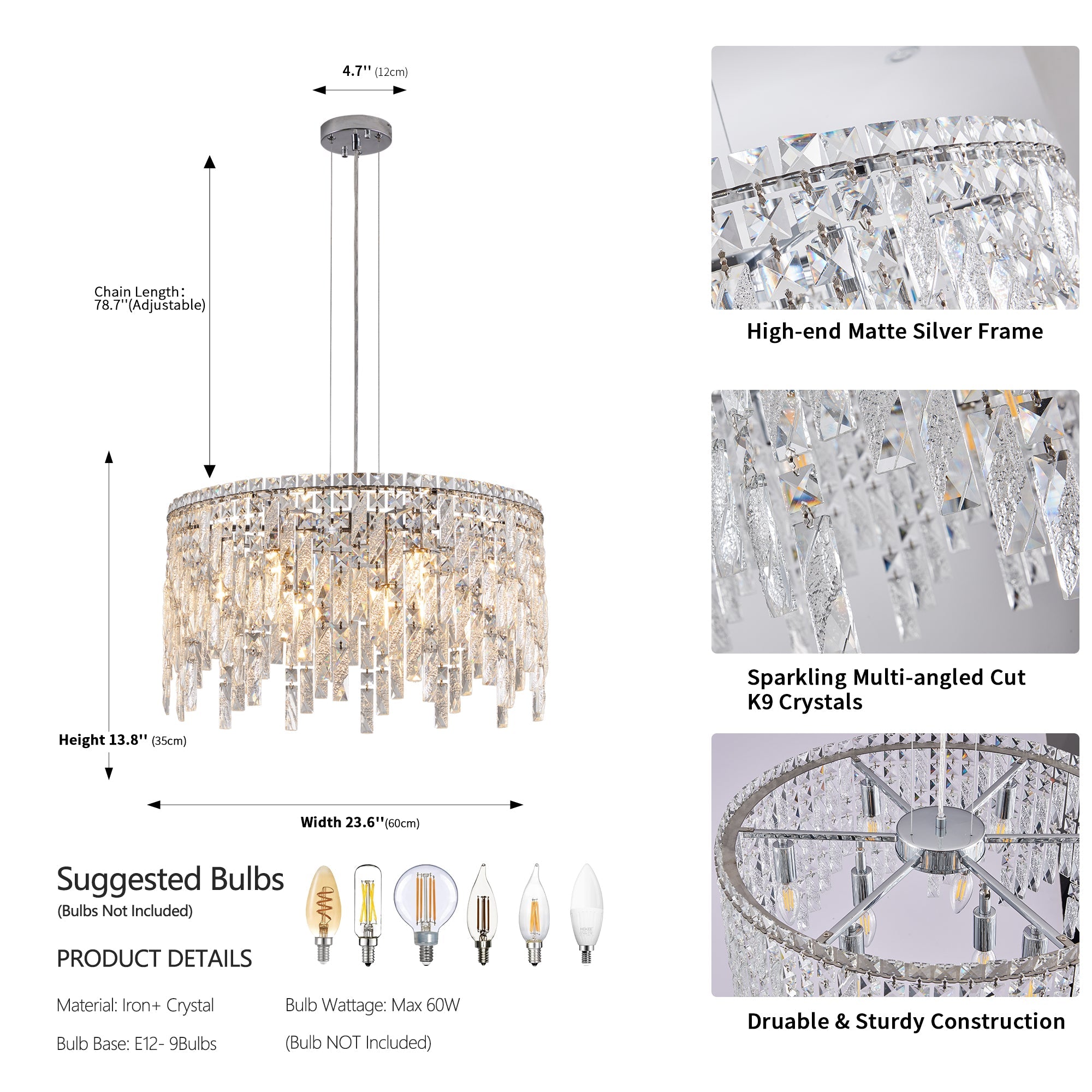 Luxurious Silver Crystal Chandelier -Timeless Elegance & Modern Glamour