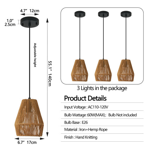 Set of 3 Rustic Hemp Rope Pendant Lights -Handcrafted Farmhouse Charm