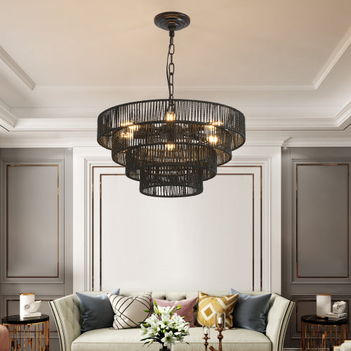 24" Woven Hemp Rope Chandelier -Boho Farmhouse Elegance