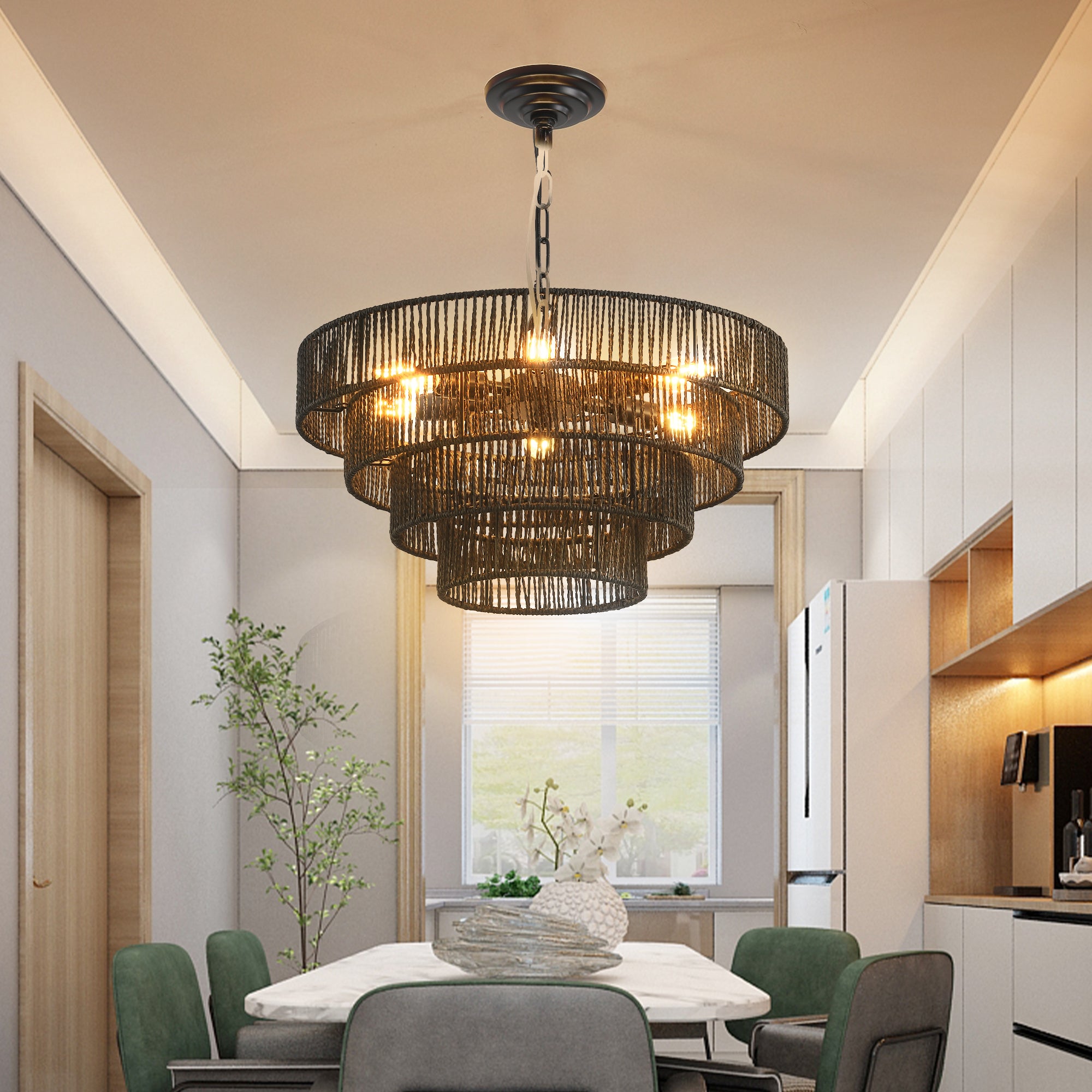 24" Woven Hemp Rope Chandelier -Boho Farmhouse Elegance