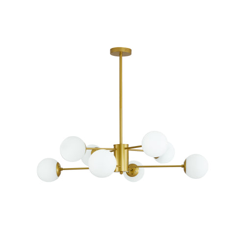 35" Modern 8-Light Gold Chandelier with White Glass Globe Shades (No Bulbs)