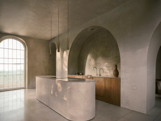 Sculptural Simplicity: Linear Pendant Lighting in an Arched Kitchen
