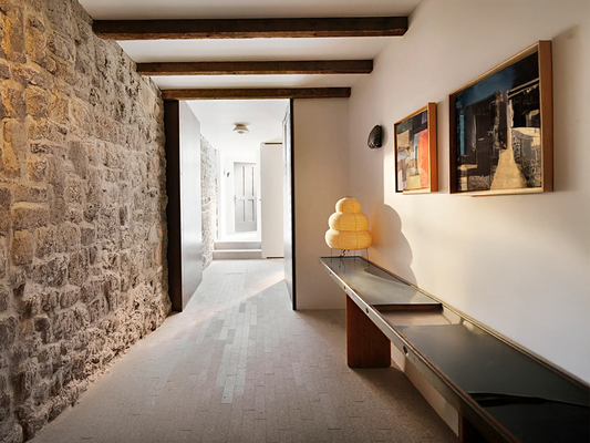 A Serene Hallway Lit by Soft Paper Lamp Glow