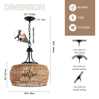 19" Boho Hemp Rope Pendant Light (Bulb Not Included)
