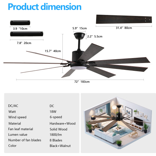 72" Walnut LED Ceiling Fan
