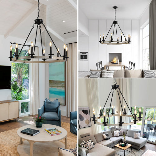32" Rustic Farmhouse 10-Light Candle Chandelier (No Bulbs)