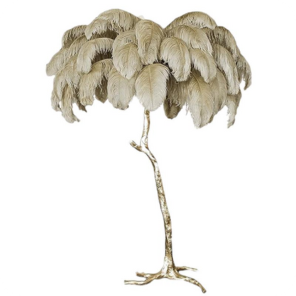 Lámpara de pie con forma de palmera y plumas