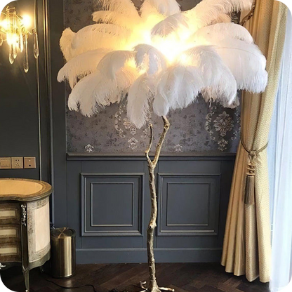 Lámpara de pie con forma de palmera y plumas