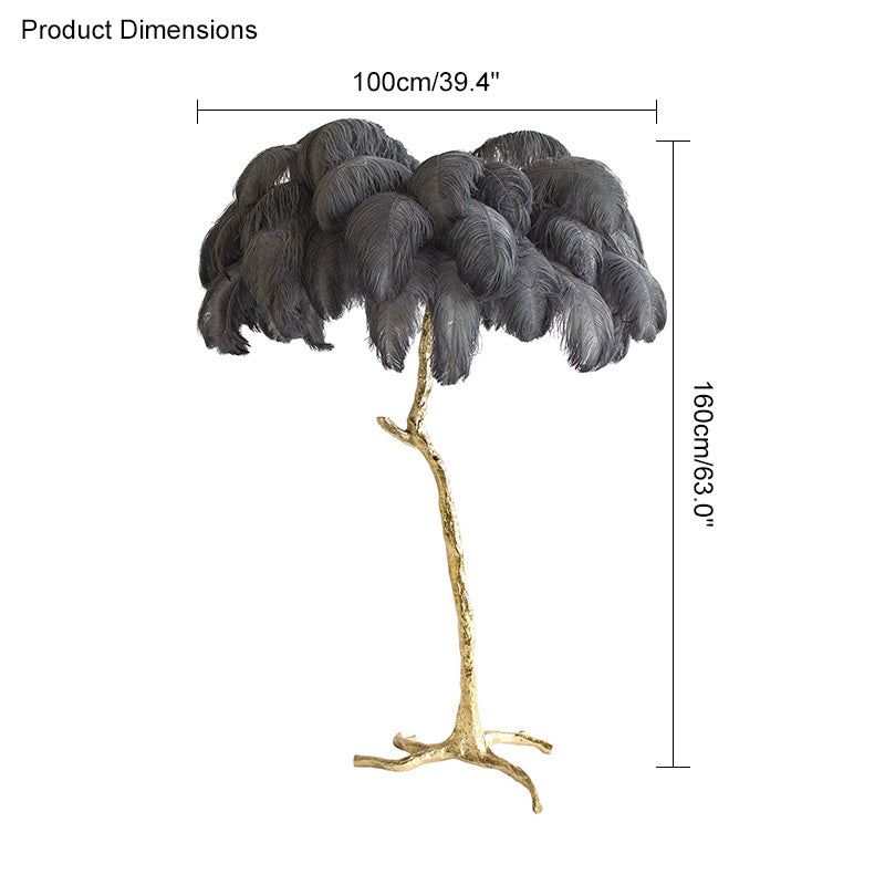 Lámpara de pie con forma de palmera y plumas