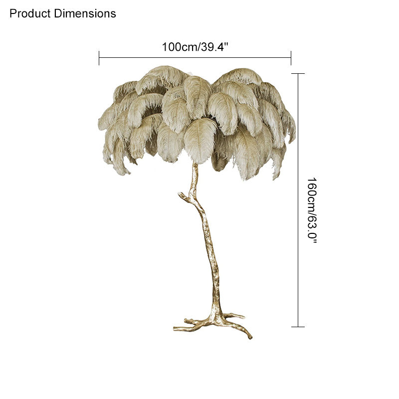 Lámpara de pie con forma de palmera y plumas