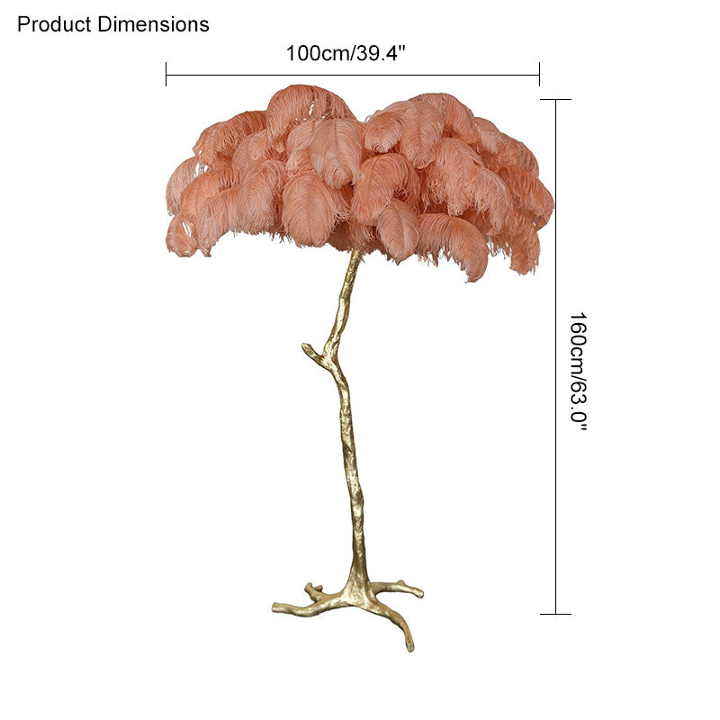 Lámpara de pie con forma de palmera y plumas