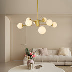 35" Modern 8-Light Gold Chandelier with White Glass Globe Shades (No Bulbs)