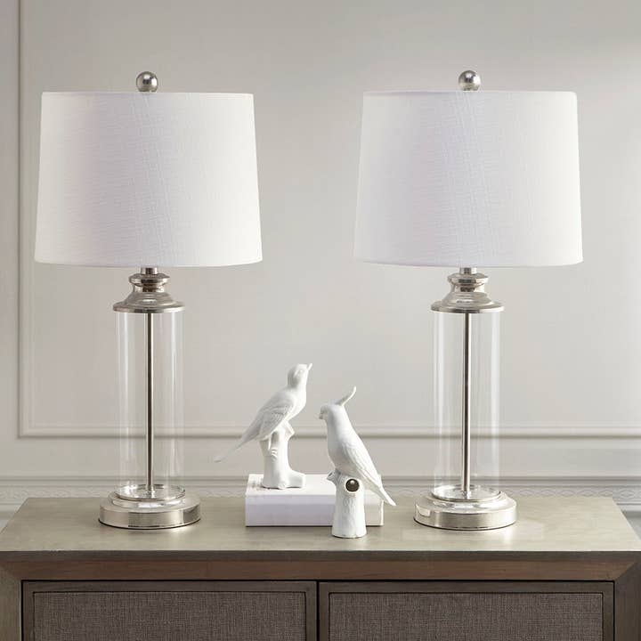 [Set of 2] Clear Glass Base Table Lamp, Silver