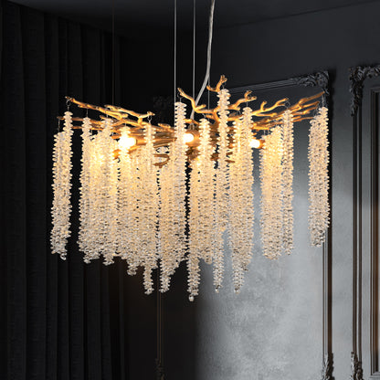 Suspension moderne dorée de 23,6 pouces avec brins de cristal en cascade 