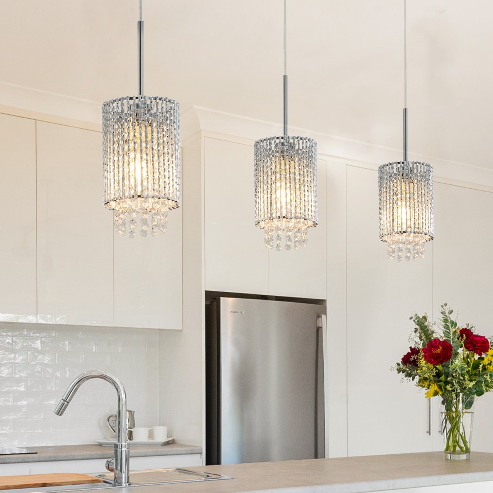 Lot de 3 lampes suspendues en cristal de luxe, lustre élégant avec finition dorée et design en perles en cascade (sans ampoules) 