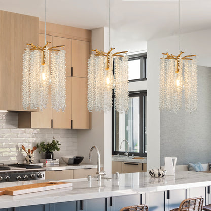 Lot de 3 lampes suspendues en cristal de luxe, lustre élégant avec finition dorée et design en perles en cascade (sans ampoules) 