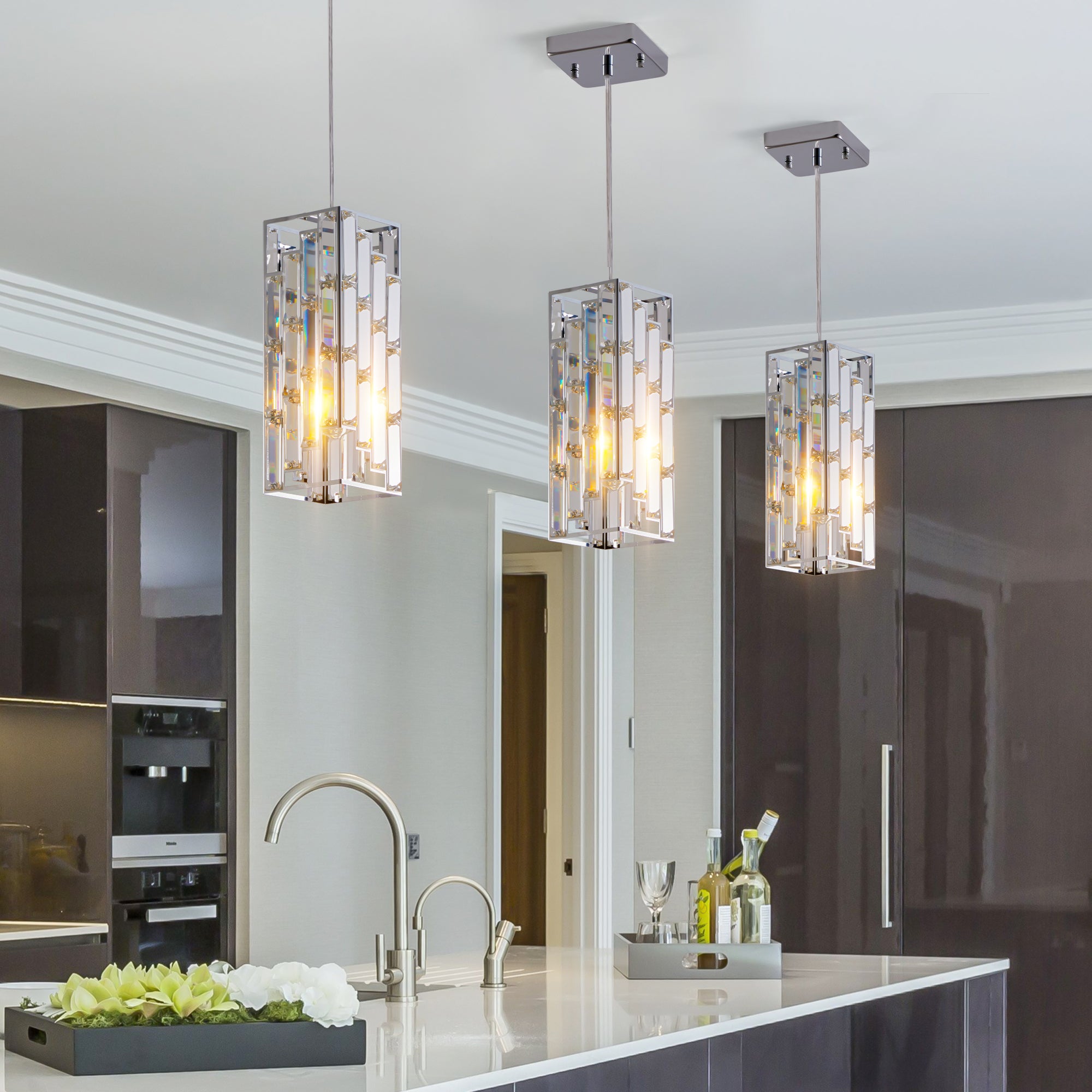 Modern Crystal Pendant Lights – Set of 3 Adjustable Ceiling Fixtures