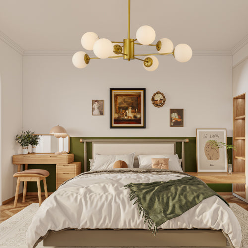 35" Modern 8-Light Gold Chandelier with White Glass Globe Shades (No Bulbs)