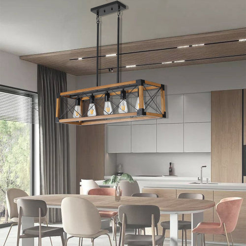 32" Walnut Industrial Farmhouse Rectangle Pendant Light, 5-Light Chandelier (No Bulbs)