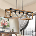 32" Walnut Industrial Farmhouse Rectangle Pendant Light, 5-Light Chandelier (No Bulbs)