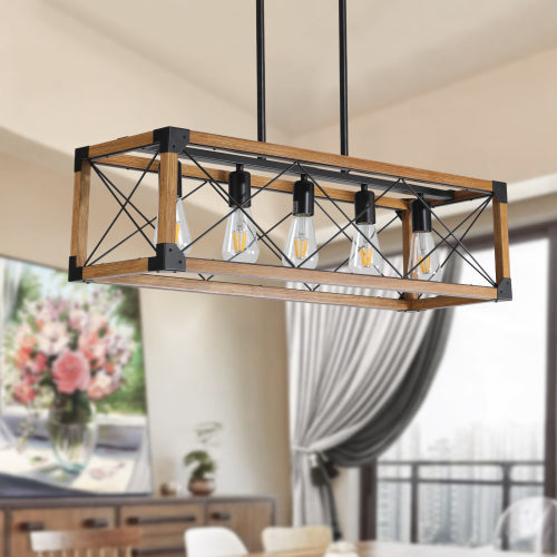 32" Walnut Industrial Farmhouse Rectangle Pendant Light, 5-Light Chandelier (No Bulbs)