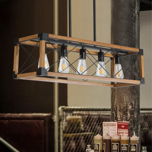 32" Walnut Industrial Farmhouse Rectangle Pendant Light, 5-Light Chandelier (No Bulbs)