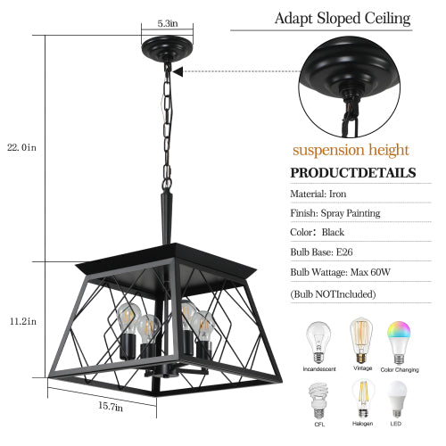 16" Industrial 4-Light Pendant Chandelier – Modern Farmhouse Elegance