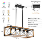 32" Walnut Industrial Farmhouse Rectangle Pendant Light, 5-Light Chandelier (No Bulbs)