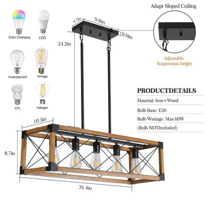 32" Walnut Industrial Farmhouse Rectangle Pendant Light, 5-Light Chandelier (No Bulbs)
