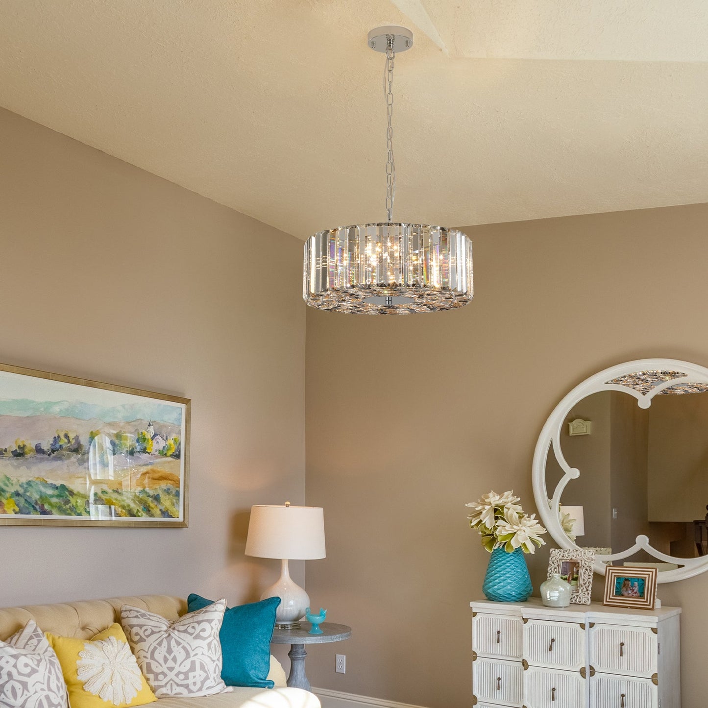 17" Chrome Crystal Pendant -Modern Elegance &amp; Radiant Illumination