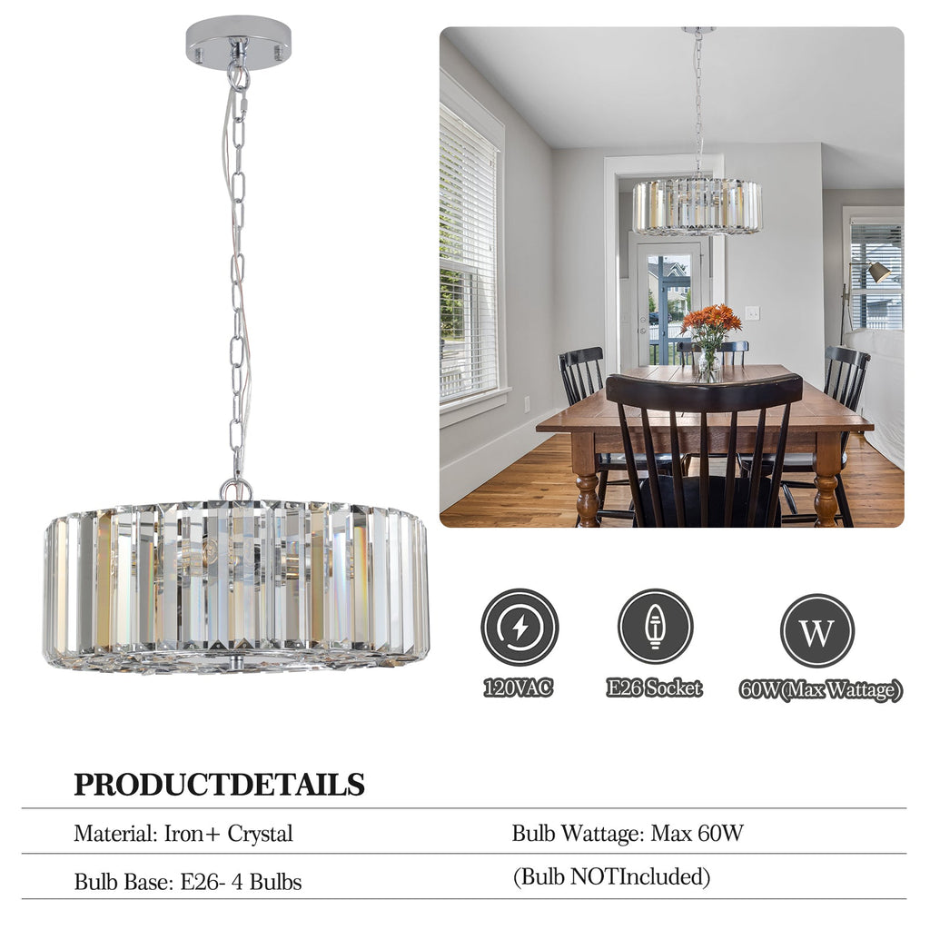 17" Chrome Crystal Pendant -Modern Elegance &amp; Radiant Illumination