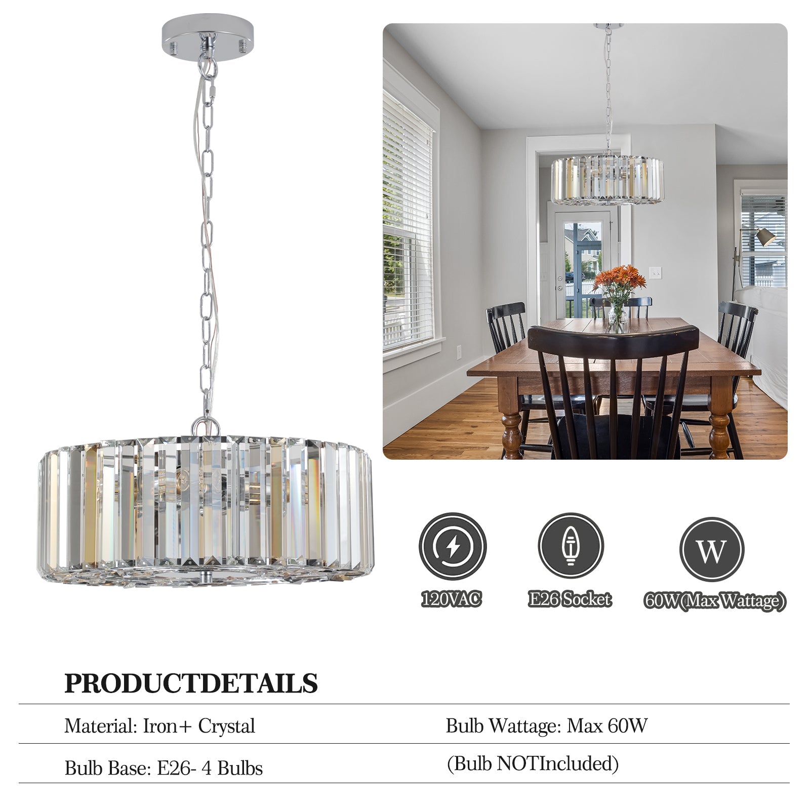17" Chrome Crystal Pendant -Modern Elegance &amp; Radiant Illumination