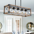 32" Walnut Industrial Farmhouse Rectangle Pendant Light, 5-Light Chandelier (No Bulbs)