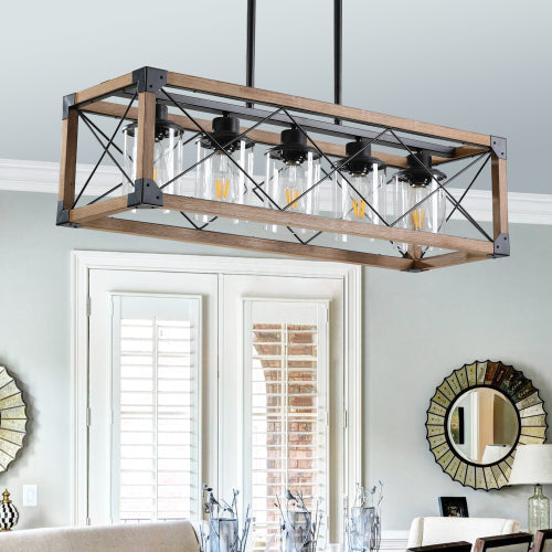 32" Walnut Industrial Farmhouse Rectangle Pendant Light, 5-Light Chandelier (No Bulbs)