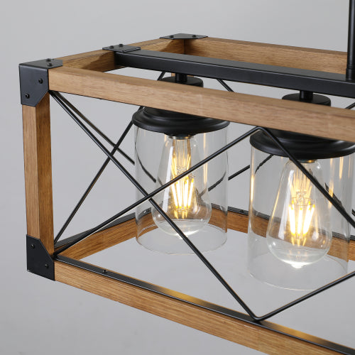 32" Walnut Industrial Farmhouse Rectangle Pendant Light, 5-Light Chandelier (No Bulbs)