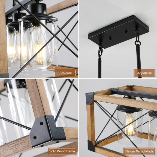 32" Walnut Industrial Farmhouse Rectangle Pendant Light, 5-Light Chandelier (No Bulbs)
