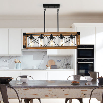 32" Walnut Industrial Farmhouse Rectangle Pendant Light, 5-Light Chandelier (No Bulbs)