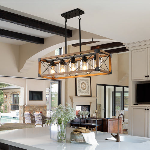 32" Walnut Industrial Farmhouse Rectangle Pendant Light, 5-Light Chandelier (No Bulbs)