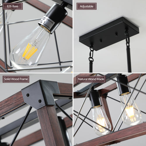 32" Walnut Industrial Farmhouse Rectangle Pendant Light, 5-Light Chandelier (No Bulbs)