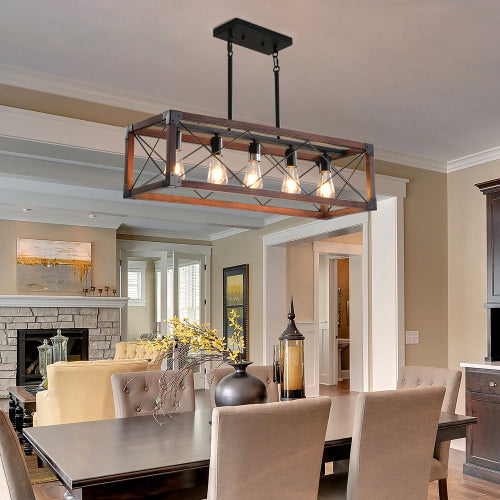 32" Walnut Industrial Farmhouse Rectangle Pendant Light, 5-Light Chandelier (No Bulbs)