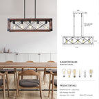 32" Walnut Industrial Farmhouse Rectangle Pendant Light, 5-Light Chandelier (No Bulbs)