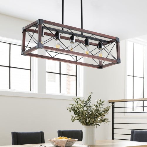32" Walnut Industrial Farmhouse Rectangle Pendant Light, 5-Light Chandelier (No Bulbs)