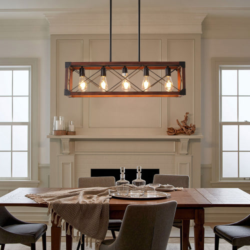 32" Walnut Industrial Farmhouse Rectangle Pendant Light, 5-Light Chandelier (No Bulbs)