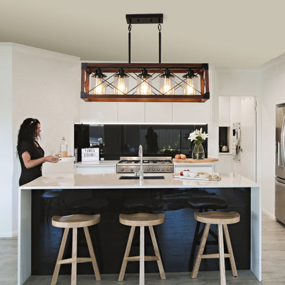 32" Walnut Industrial Farmhouse Rectangle Pendant Light, 5-Light Chandelier (No Bulbs)