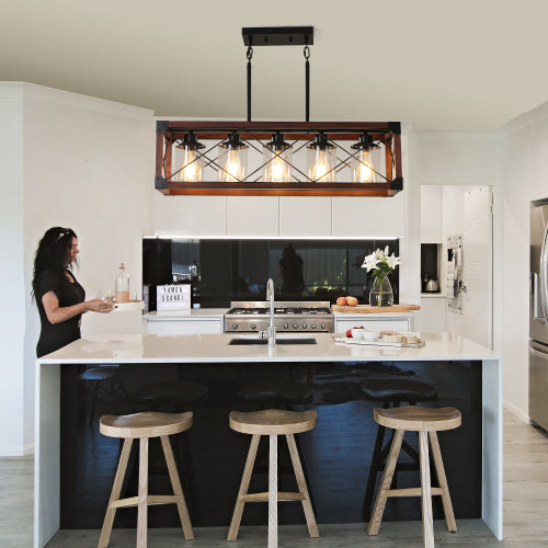 32" Walnut Industrial Farmhouse Rectangle Pendant Light, 5-Light Chandelier (No Bulbs)