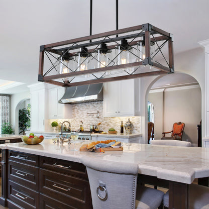 32" Walnut Industrial Farmhouse Rectangle Pendant Light, 5-Light Chandelier (No Bulbs)