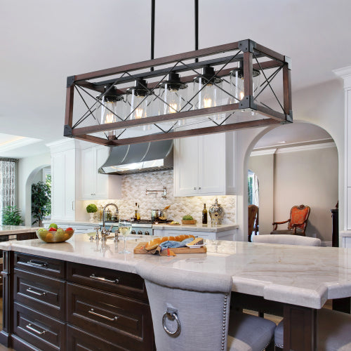 32" Walnut Industrial Farmhouse Rectangle Pendant Light, 5-Light Chandelier (No Bulbs)